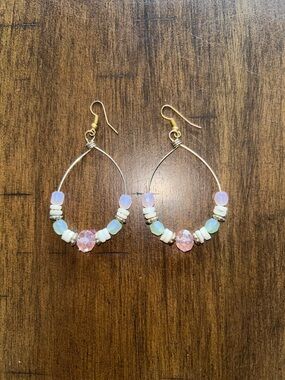 Pink Bead Teardrop Hoop Earrings